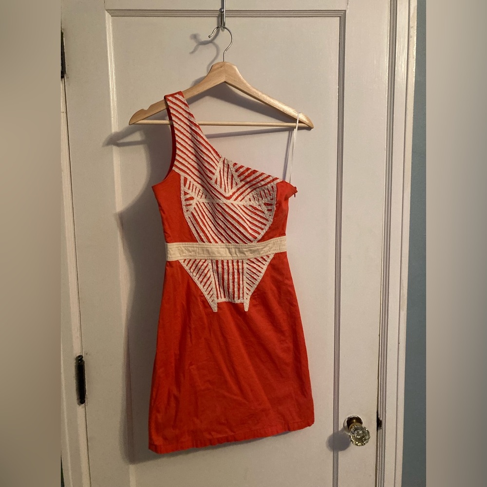 Miss Minuet ModCloth coral geometric one shoulder dress, size small